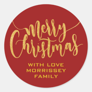 Gold Glitter Merry Christmas Personalized Red Classic Round Sticker