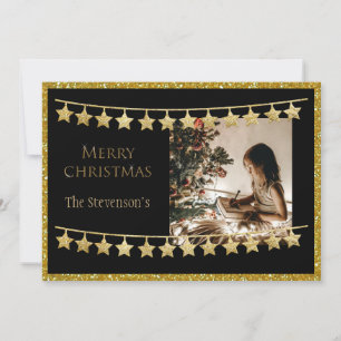 Gold Glitter Merry Christmas Photo Personalized Holiday Card