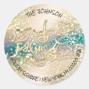 Gold Glitter Merry Christmas RSVP Return Address Classic Round Sticker