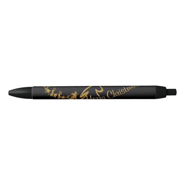 Gold Glitter Merry Christmas, Santa Claus Black Ink Pen (Front)