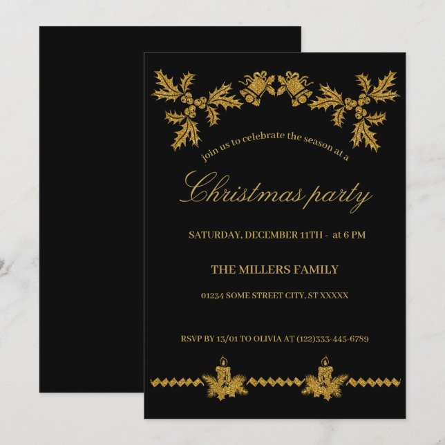 Gold Glitter Merry Christmas, Santa Claus Invitation (Front/Back)