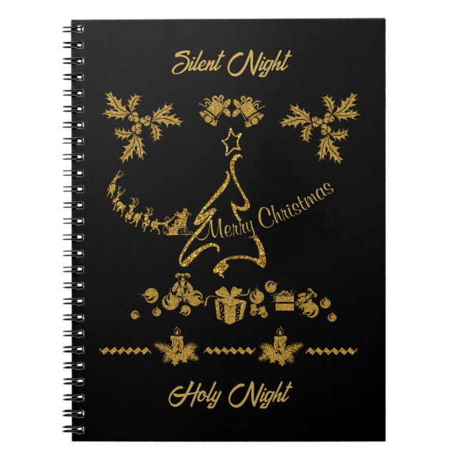 Gold Glitter Merry Christmas, Santa Claus Notebook (Front)