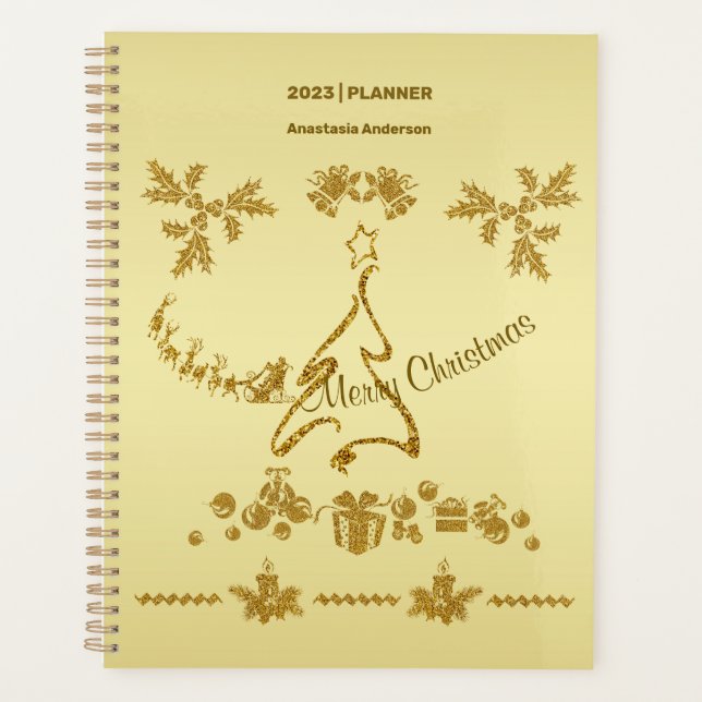 Gold Glitter Merry Christmas, Santa Claus on gold  Planner (Front)