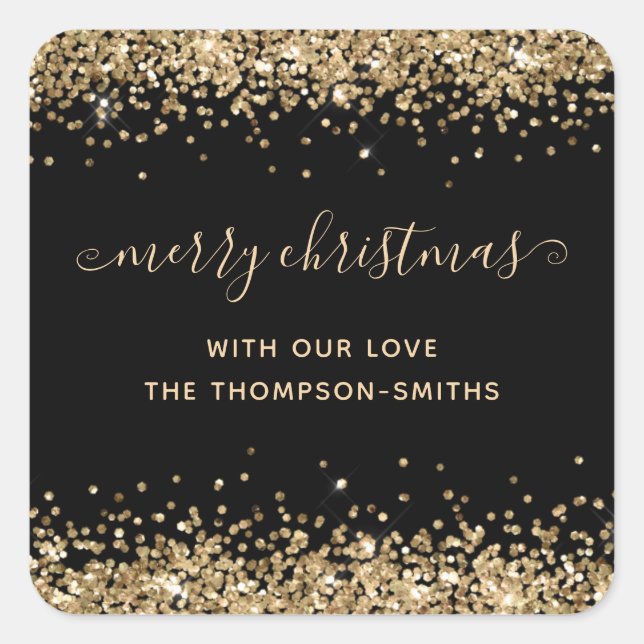 Gold Glitter Merry Christmas Script Names Black Square Sticker (Front)
