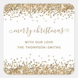 Gold Glitter Merry Christmas Script Names White Square Sticker