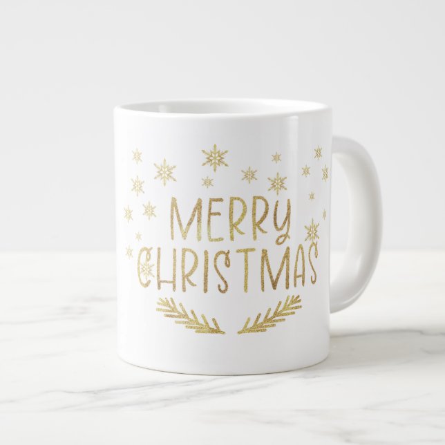 Gold Glitter Merry Christmas Snowflake Photo Mug (Front Right)