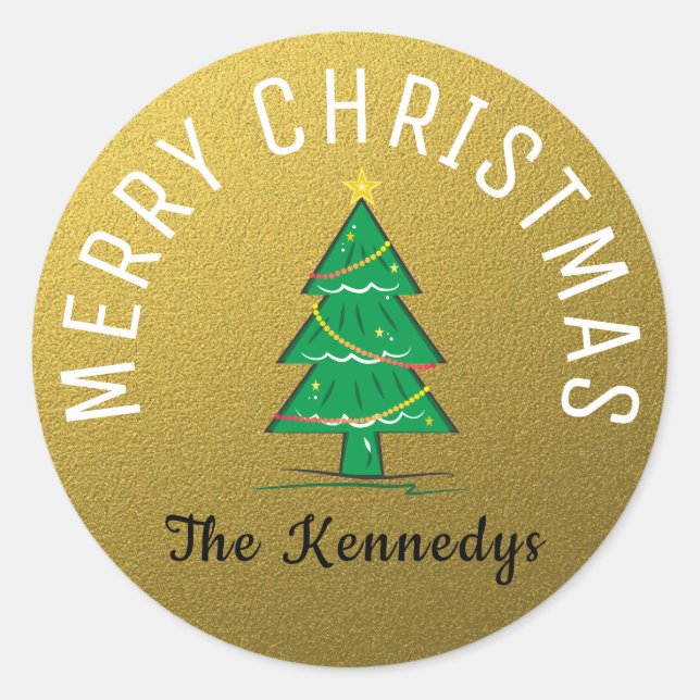 Gold Glitter Merry Christmas Tree Classic Round Sticker (Front)