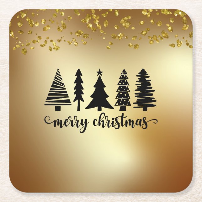 Gold Glitter Merry Christmas Tree  Square Paper Coaster (Front)