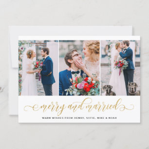 Gold Glitter Merry & Married Photo Collage Holiday Card