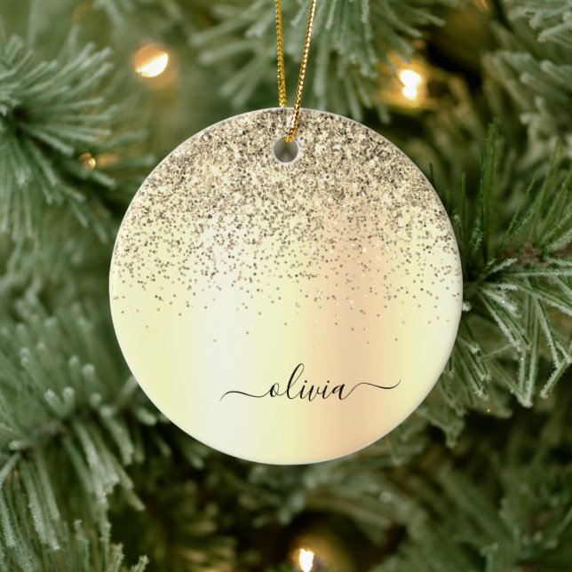 Gold Glitter Metal Monogram Glam Name Ceramic Ornament (Tree)