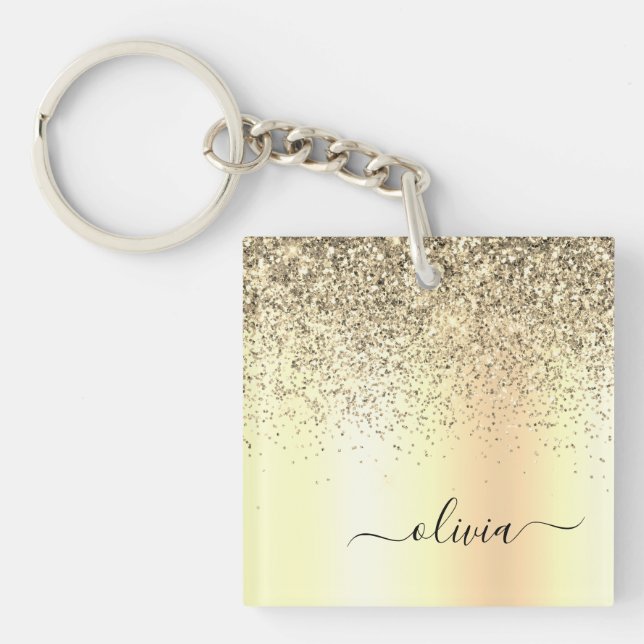 Gold Glitter Metal Monogram Glam Name Keychain (Front)