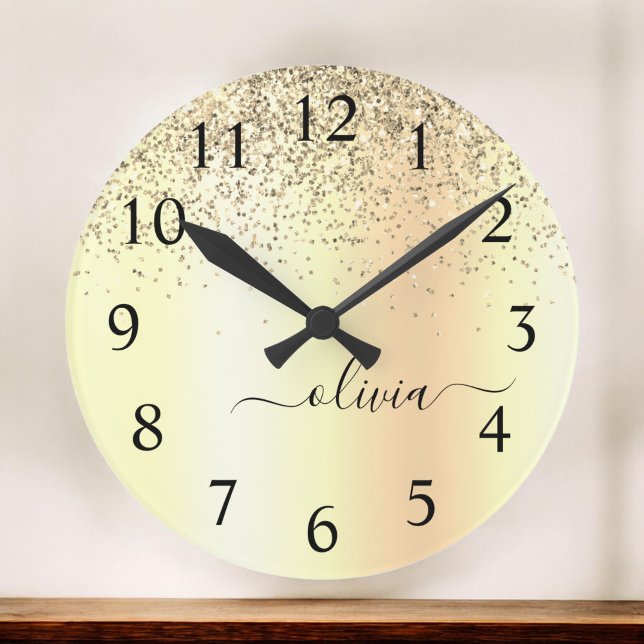 Gold Glitter Metal Monogram Glam Name Large Clock (Creator Uploaded)