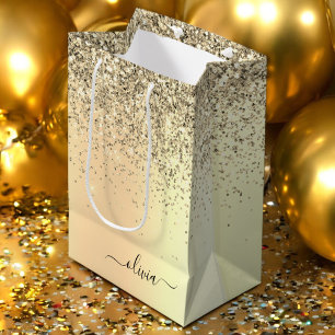 Gold Glitter Metal Monogram Glam Name Medium Gift Bag