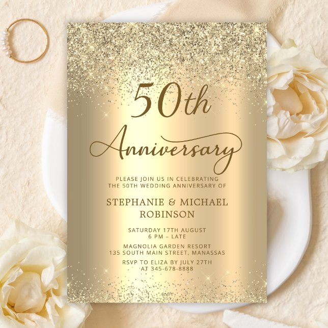 Gold Glitter Metallic 50th Wedding Anniversary Invitation (Creator Uploaded)