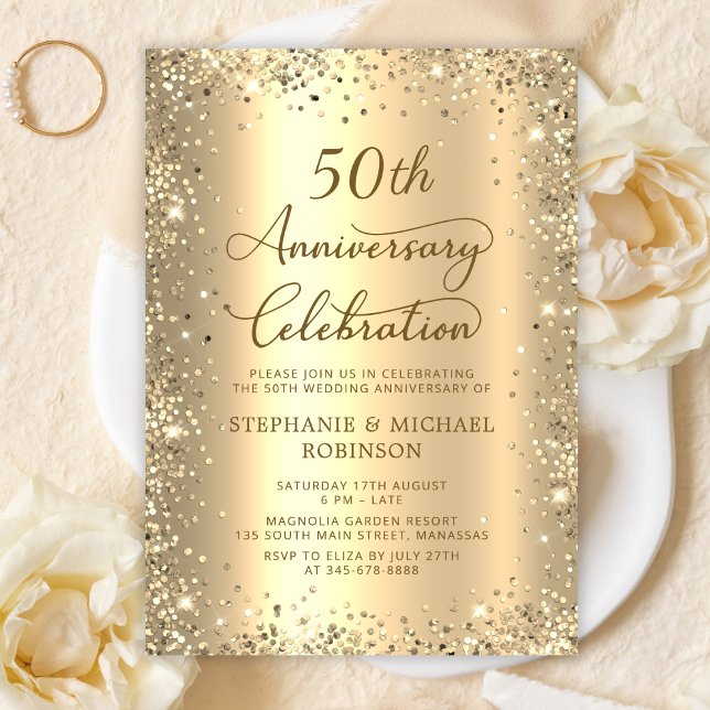 Gold Glitter Metallic 50th Wedding Anniversary Invitation (Creator Uploaded)