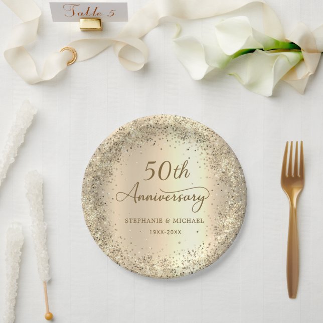 Gold Glitter Metallic 50th Wedding Anniversary  Paper Plate (Wedding)