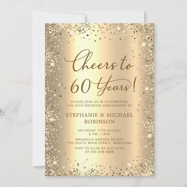 Gold Glitter Metallic 60th Wedding Anniversary Invitation (Front)