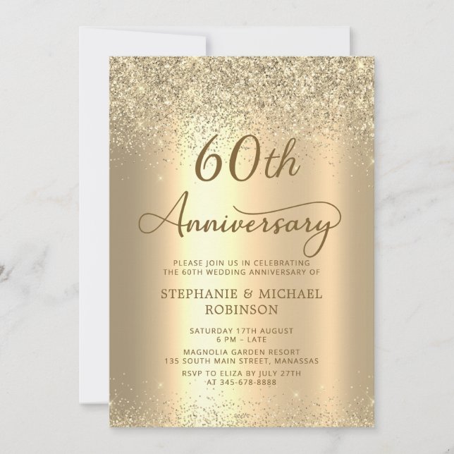 Gold Glitter Metallic 60th Wedding Anniversary Invitation (Front)