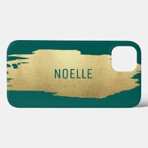 Gold Glitter Metallic Brush Stroke, Dark Teal iPhone 13 Case