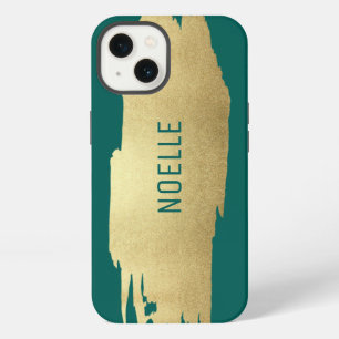 Gold Glitter Metallic Brush Stroke, Dark Teal iPhone 13 Case