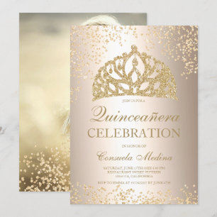 gold glitter metallic photo tiara Quinceañera Invitation