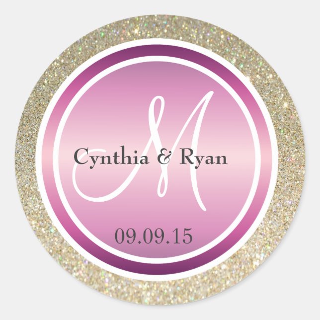 Gold Glitter & Metallic Purple Wedding Monogram Classic Round Sticker (Front)