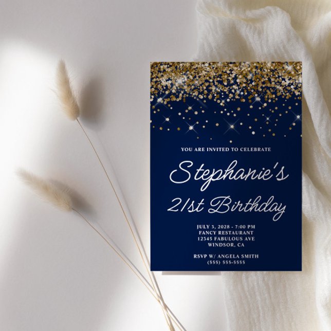 Gold Glitter Midnight Blue 21st Birthday Invitation (Faux gold glitter and navy blue 21st birthday invite for her.)