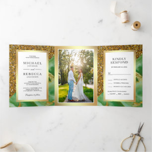 Gold Glitter Mint Green Marble Photo Wedding Tri-Fold Invitation