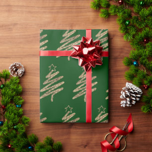 Gold Glitter Modern Christmas Tree Green Wrapping Paper