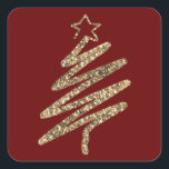 Gold Glitter Modern Christmas Tree Square Sticker<br><div class="desc">Faux gold glitter modern holiday tree sticker. Holiday elegant red background makes this sticker so lovely. Perfect for all your holiday needs.</div>