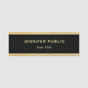 Gold Glitter Modern Custom Rectangle Black Small Name Tag