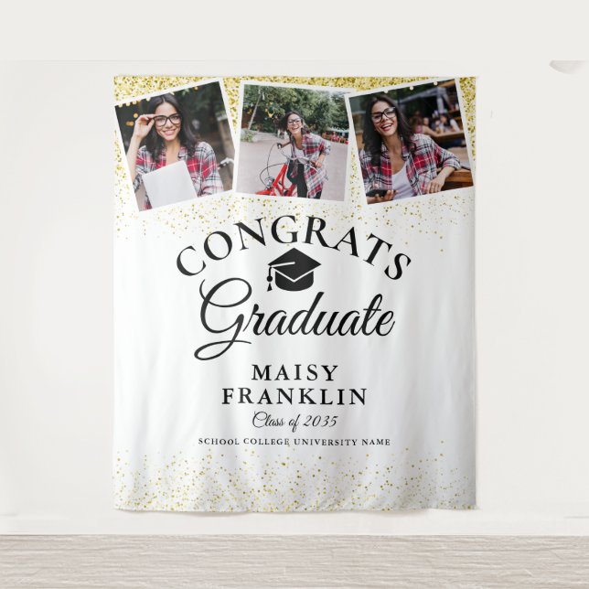 Gold Glitter Modern Graduation 3 Photo Backdrop Tapestry (Front)