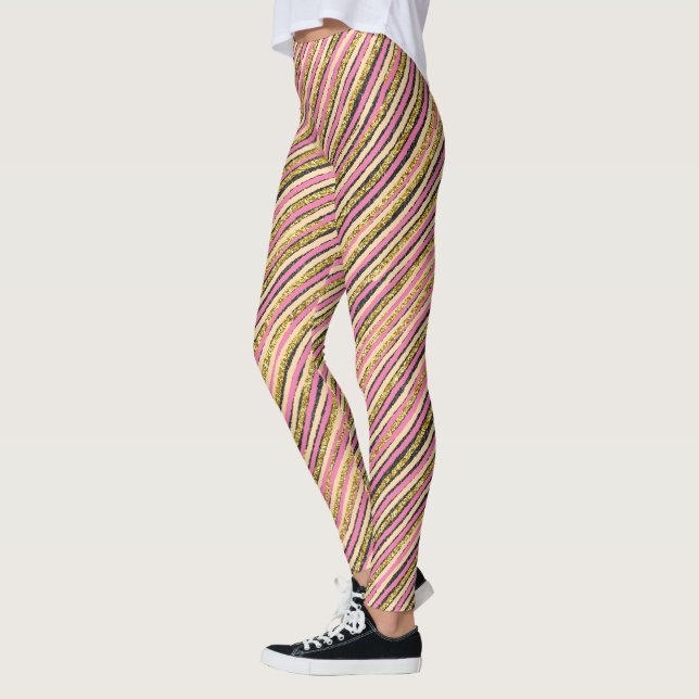 Gold Glitter Modern Stripes Luxury Leggings (Left)