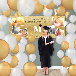 Gold Glitter Monogram 6 Photo Graduation Party Banner