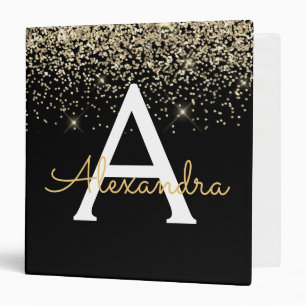 Gold Glitter Monogram Black Modern Elegant Binder