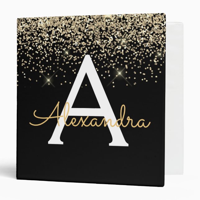 Gold Glitter Monogram Black Modern Elegant Binder (Front/Inside)