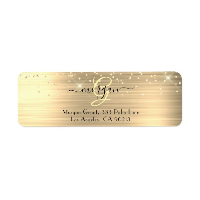 Gold Glitter & Monogram, Black Script Name Address (Devant)