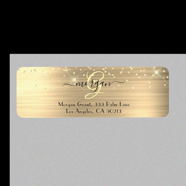 Gold Glitter & Monogram, Black Script Name Address (Créateur téléchargé)