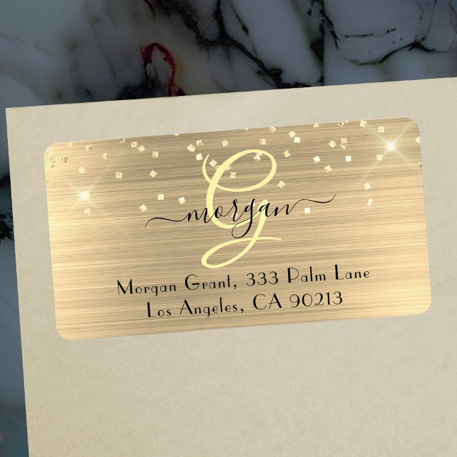Gold Glitter & Monogram, Black Script Name Address Label (Creator Uploaded)