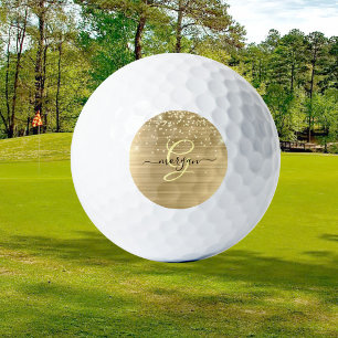 Gold Glitter & Monogram, Black Script Name Golf Balls