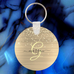 Gold Glitter & Monogram, Black Script Name Keychain
