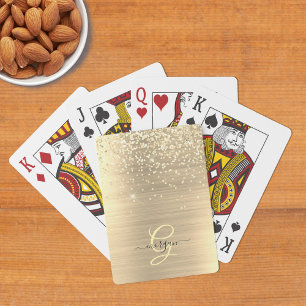 Gold Glitter & Monogram, Black Script Name Playing Cards