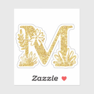 Gold Glitter Monogram Initial M Floral Sticker