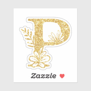 Gold Glitter Monogram Initial P Floral Sticker