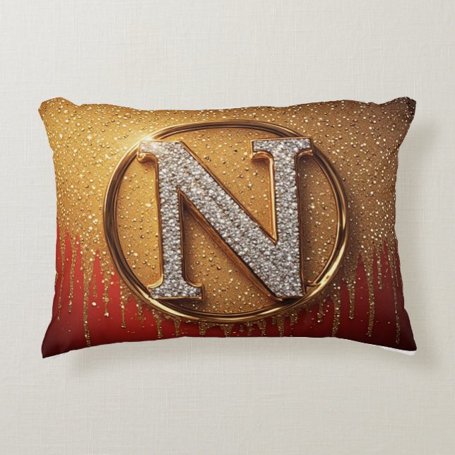 Gold Glitter Monogram N Initial Letter  Accent Pillow (Front)