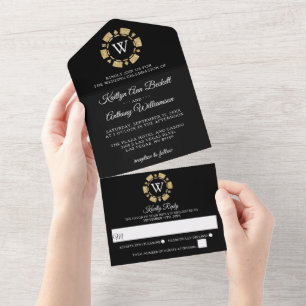 Gold Glitter Monogram Poker Chip Casino Wedding All In One Invitation
