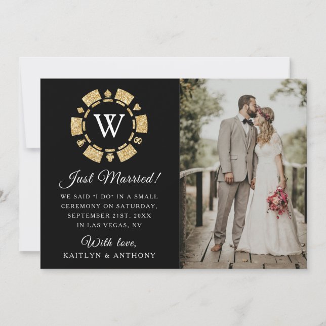 Gold Glitter Monogram Poker Chip Casino Wedding Announcement (Front)