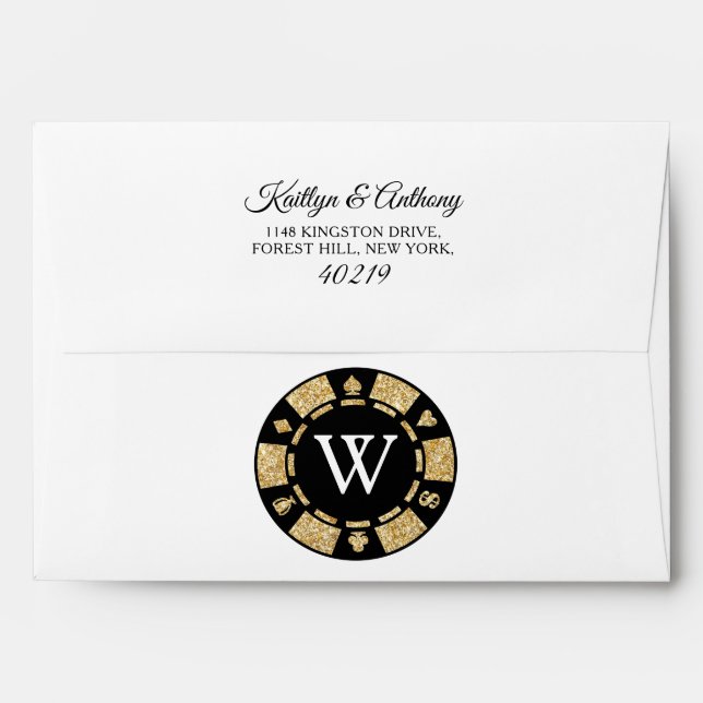 Gold Glitter Monogram Poker Chip Casino Wedding Envelope (Back (Top Flap))
