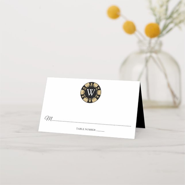 Gold Glitter Monogram Poker Chip Casino Wedding Place Card (Front)