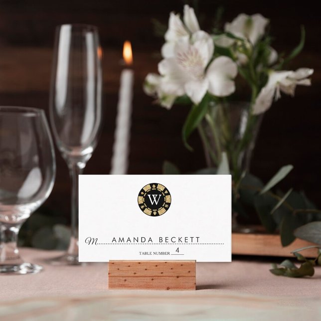 Gold Glitter Monogram Poker Chip Casino Wedding Place Card (Creator Uploaded)